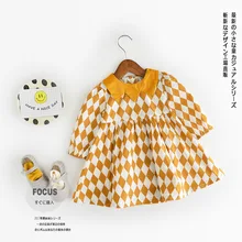 Обувь для девочек платье Весна повседневная, стильная одежда для маленьких девочек с длинным рукавом мультфильм печати плед платье партии Детская одежда кнопку назад От 0 до 4 лет