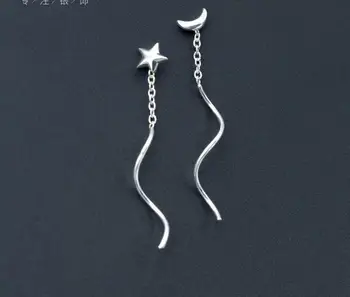 

asymmetry earrings real. 925 sterling silver crescent&Moon Star Threader earrings Dangle twisted bar &rolo chain design GTLE949