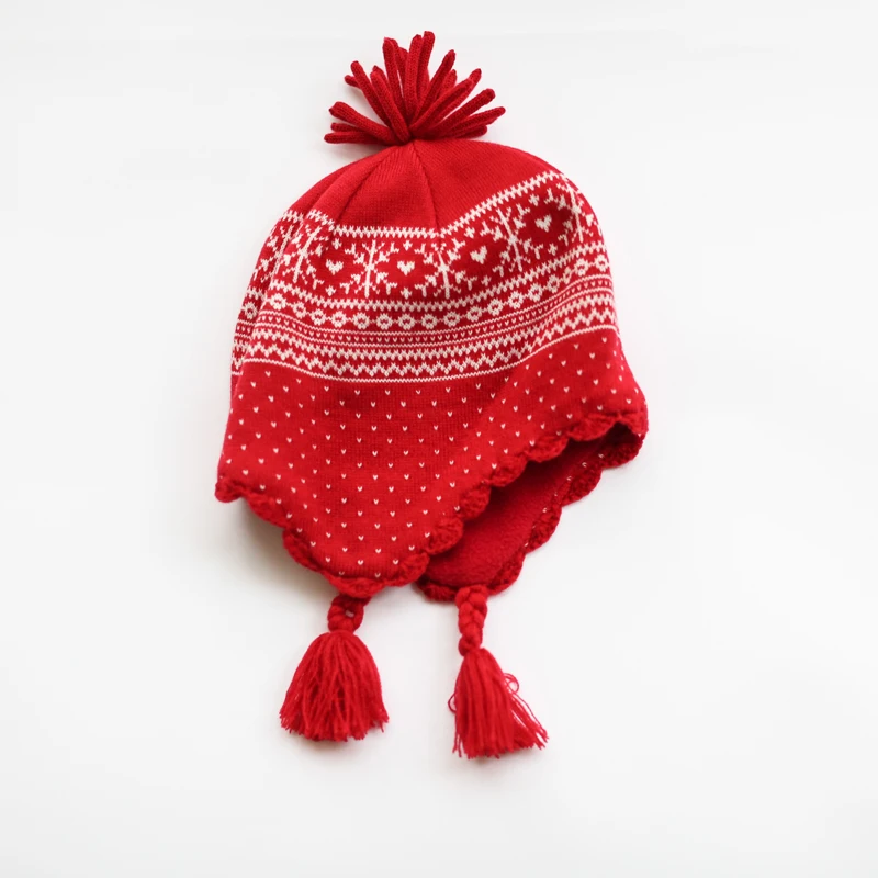 

2016 New arrivel Autumn Winter girls Cap skullies Hats 100% cotton knitting snow flowers red caps age 1-8 years free shipping