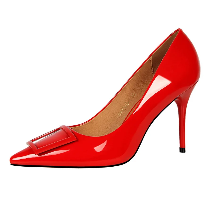 D& Henlu/обувь брендовые женские пикантные блестящие туфли-лодочки женские туфли на высоком тонком каблуке-шпильке с острым носком и квадратной пряжкой туфли-лодочки Glossi