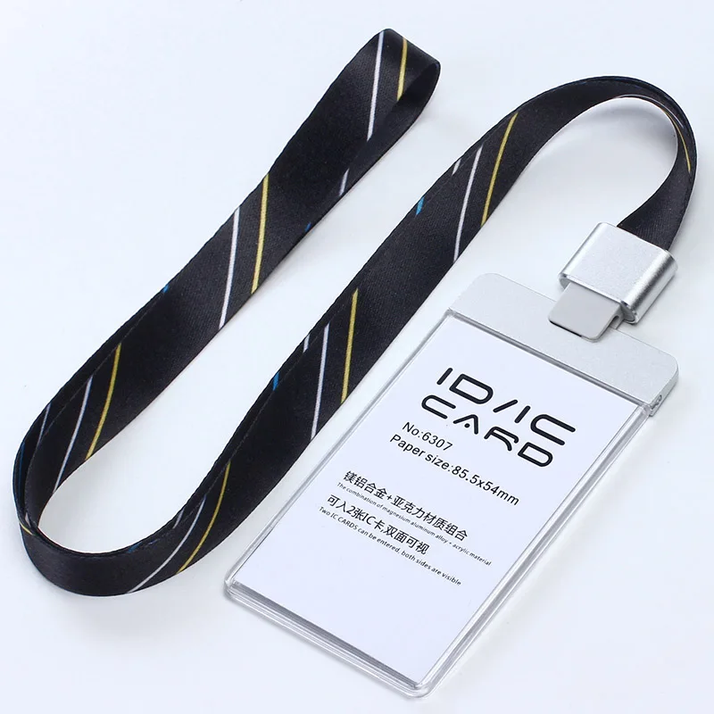 Прозрачный акриловый пластик с металлической ID IC карты держатель пропуска карты+ цветной полиэфирный ремешок с пряжкой из сплава Al - Цвет: V Stripe black set