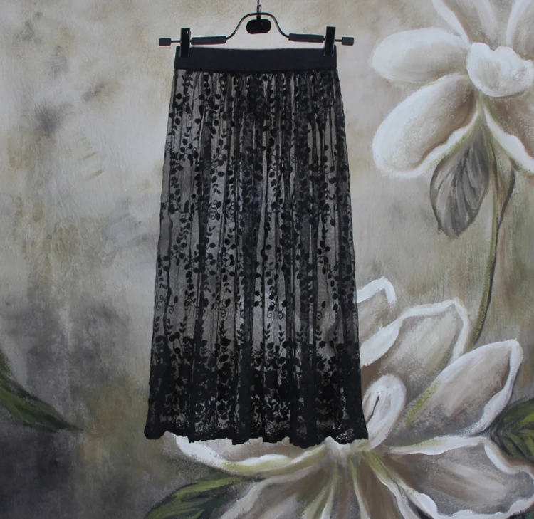 Женская Цветочная вышивка длинная миди юбка Лето Корейская Дамская Сексуальная винтажная Высокая талия прозрачная сетчатая кружевная белая черная юбка