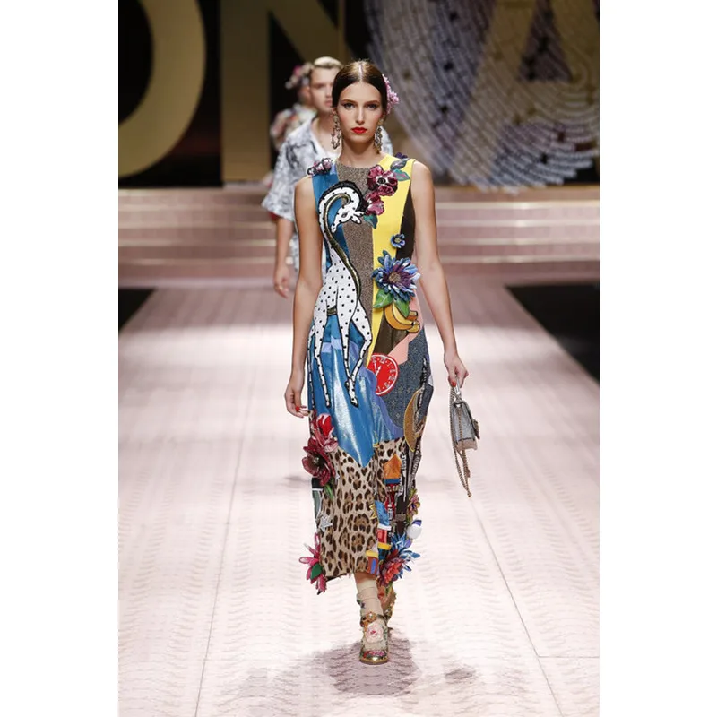 

2019 Summer Runway Heavy Industry Sequins Diamond Bag Hip Slim Dress New Fashion Vintage Gorgeous Hand-painted Print Dress