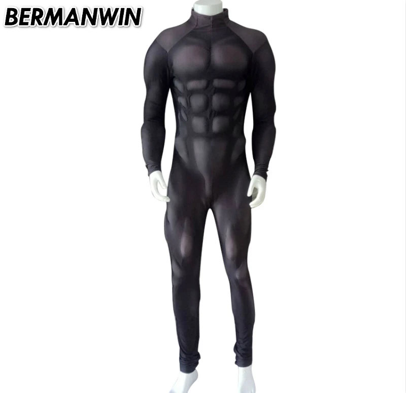 

BERMANWIN High Quality New Black Muscle Suit Spandex Costume With Muscle Padding Lycra Basic Muscle Costume for halloween