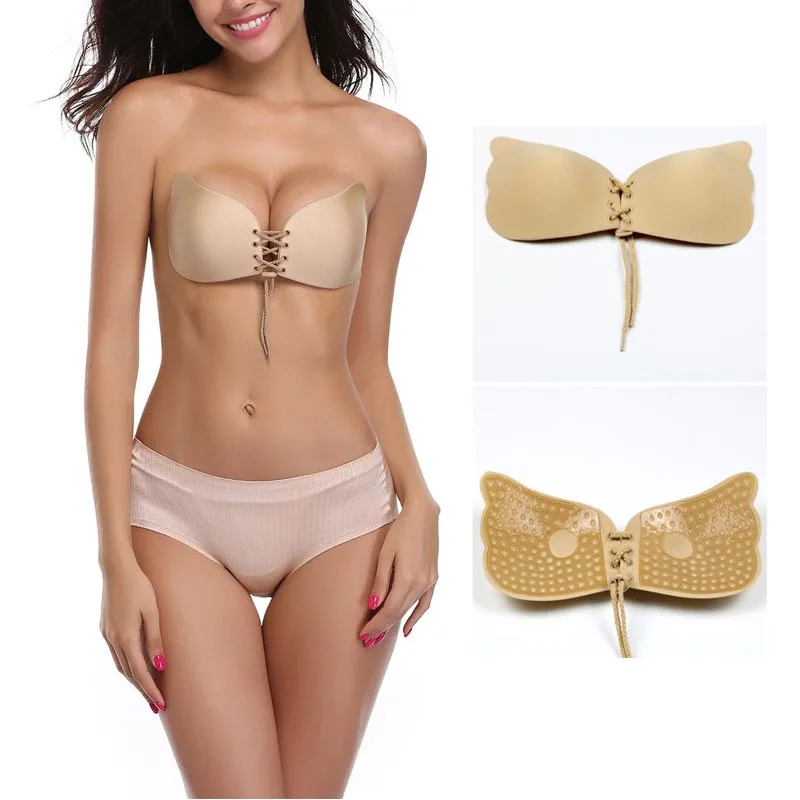Sexy Strapless Backless Invisible Bra Push Up Silicone Drawstring