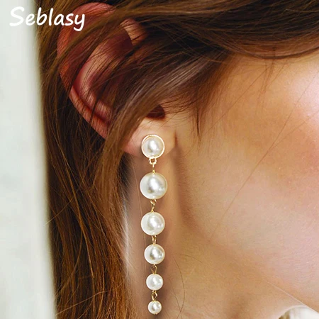

Seblasy Trendy Elegant Created Big Simulated Pearl Long Earrings Pearls String Statement Dangle Earrings For Wedding Party Gift