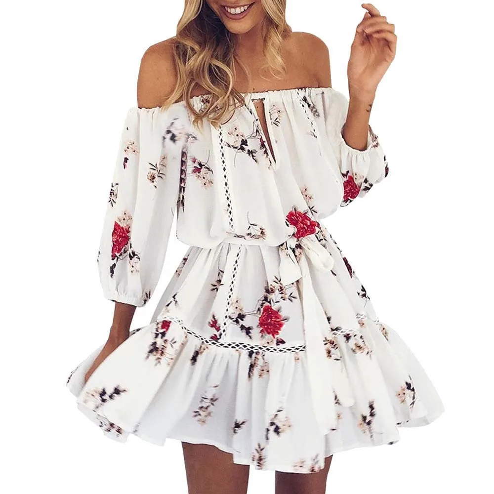 

Free Ostrich Cotton Three Quarter Sleeve Dress Summer Off Shoulder Floral Print Sundress Beach Short Mini Dress D0235