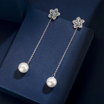 

2020 New pearl tassel earrings female Crystal from Swarovskis Temperament long zircon flowers Fit Women For Wedding Party