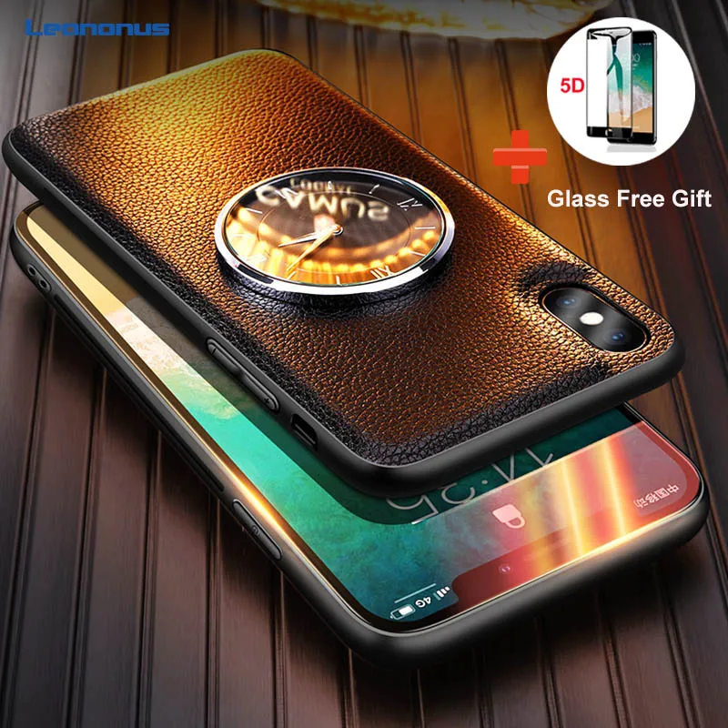 

Watching Time Metal Clock Case For iPhone 7 X 8 Plus Case Genuine Litchi Leather Shockproof Coque for iPhone XS Max XR Cover
