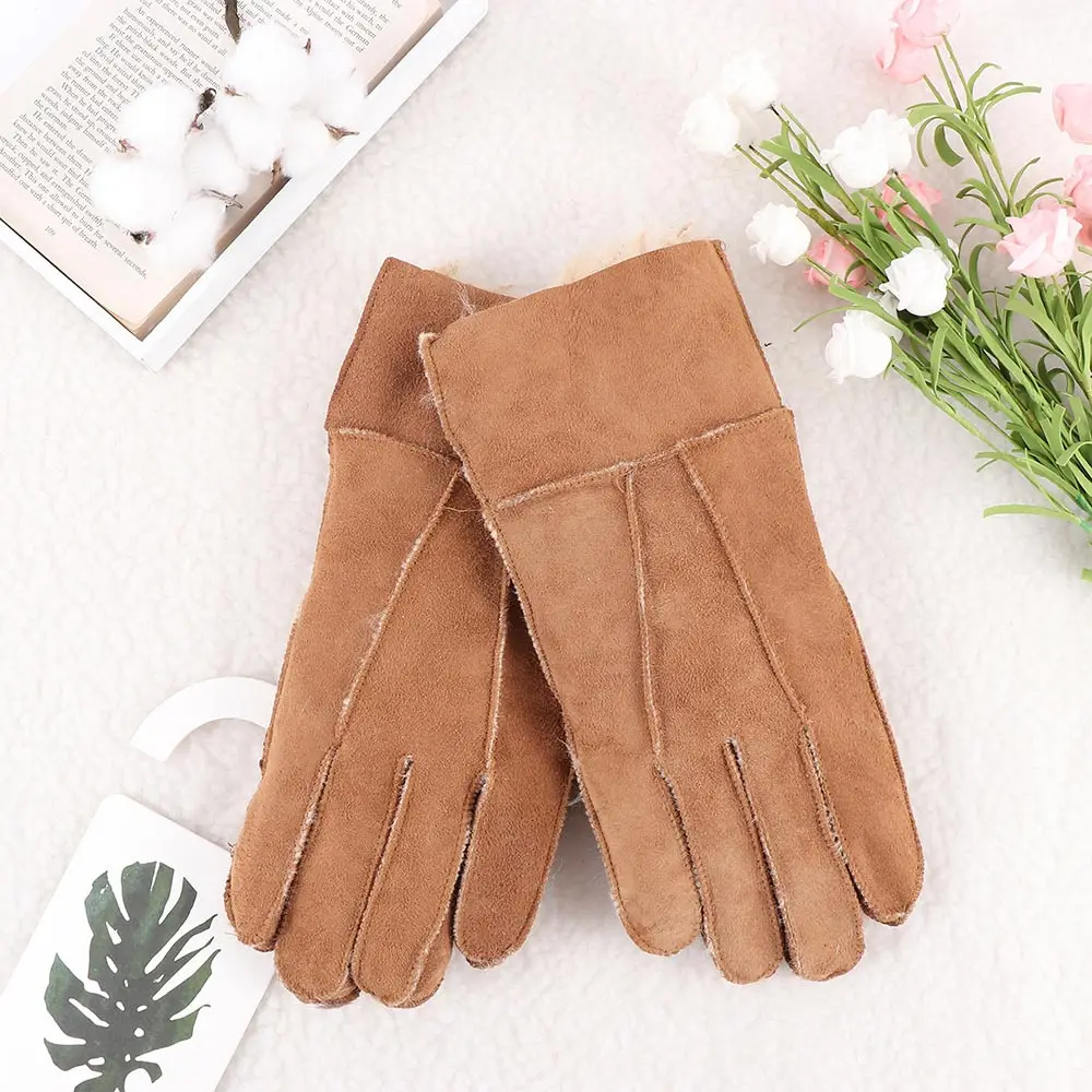 1 пара, новые модные мужские зимние мягкие толстые перчатки из натуральной коричневой овчины, кожаные перчатки, меховые теплые перчатки, один размер