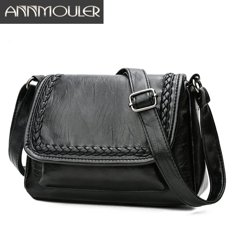 Annmouler أزياء النساء حقيبة كتف بو الجلود رفرف حقيبة عارضة حقيبة ساعي للسيدات الأسود السفر Crossbody حقيبة