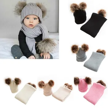 

0-24M Cute Newborn Toddler Baby Infant Winter Warm Crochet Knit Hat Double Pom Poms Wool Ball Beanie Cap Scarf 2PCS Accessories