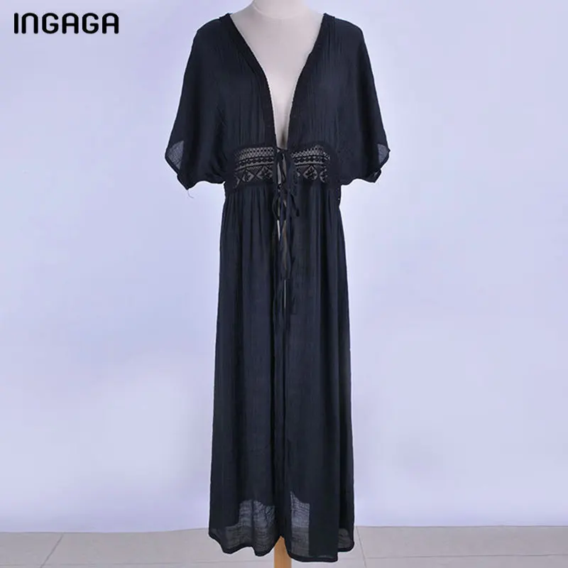 

INGAGA Hollow Out Long Beach Dress Short Sleeve Beachwear Cove Up New Swimsuit Sexy Swimwear Women 2019 Bathing Suit Women