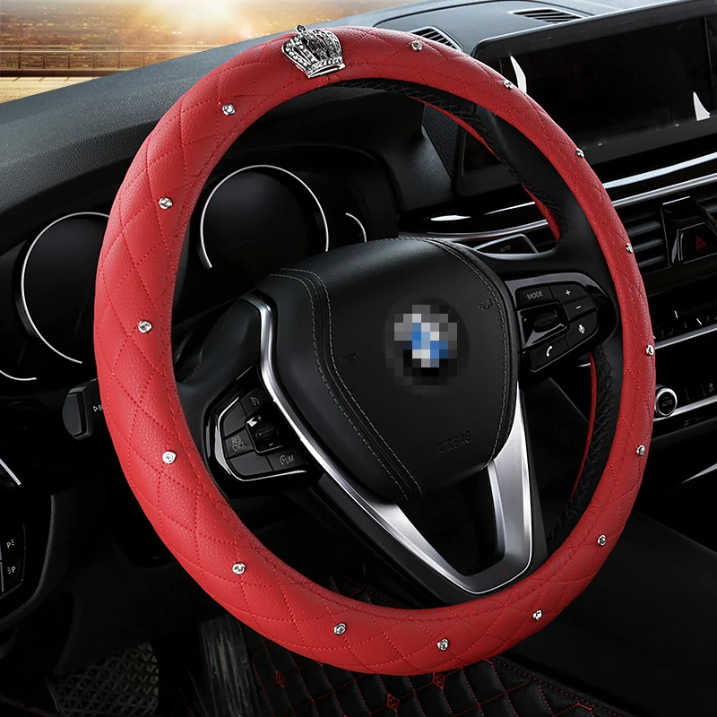 

OUMANU Luxury Crystal Crown Studded Rhinestone PU Leather Car Steering Wheel Cover Diamond Steering For Women Girl Car Styling