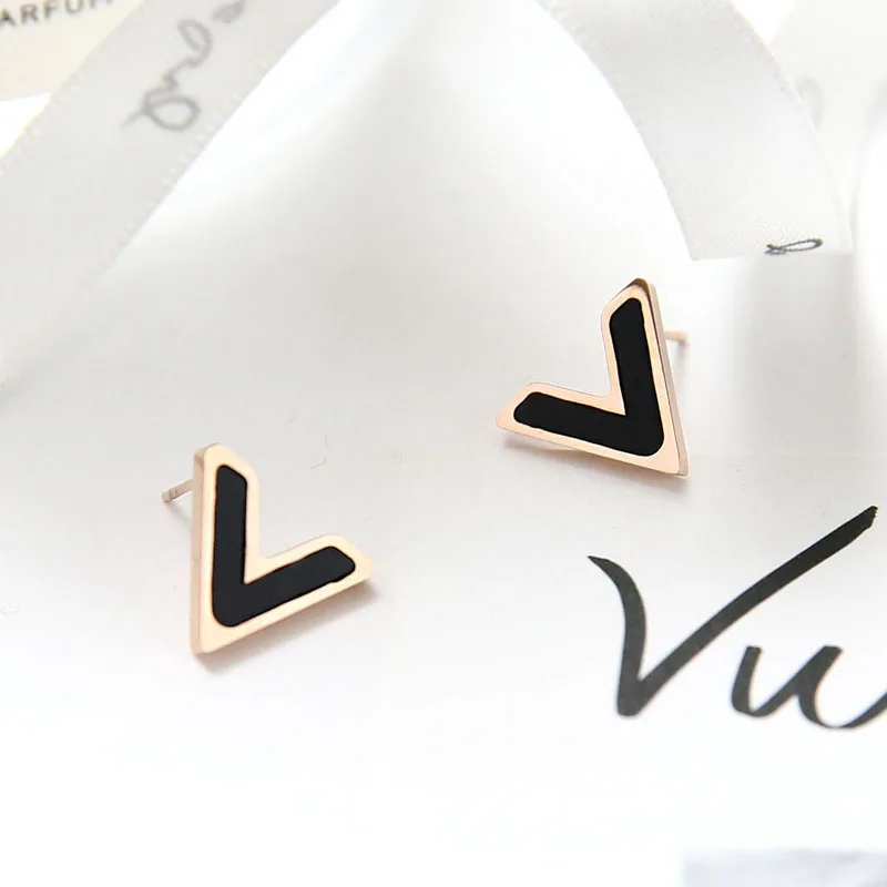 

Letter Stud Earrings Titanium Steel Rose Gold Color V Shape With Oil Paiting Simple Stud Earrings Cheap Earring