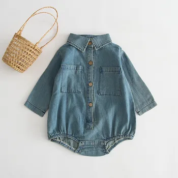 

2019 Newborn Baby Girls Boys Button Up Bodysuit Demin Cute Spring Autumn Long Sleeve Jumpsuit Outfits Rompers