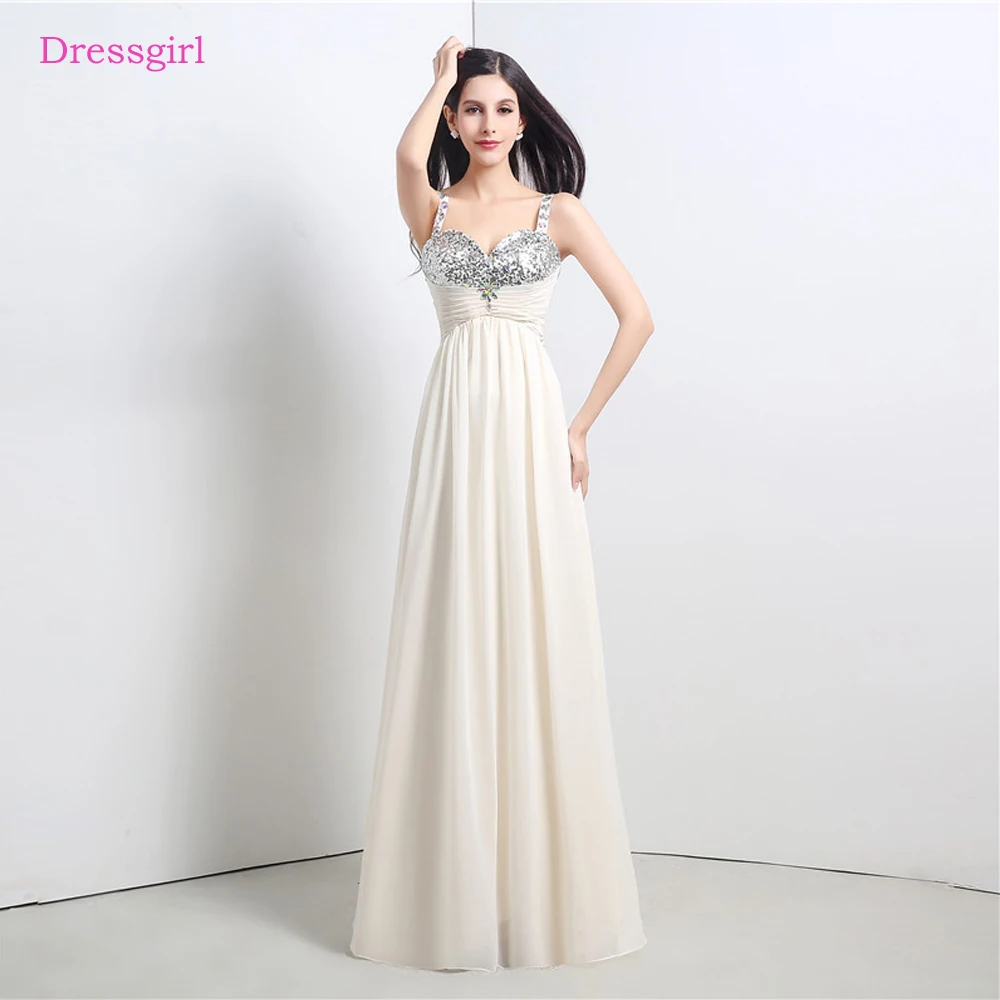 Beige 2019 Prom Dresses A line Spaghetti Straps Chiffon Sequins