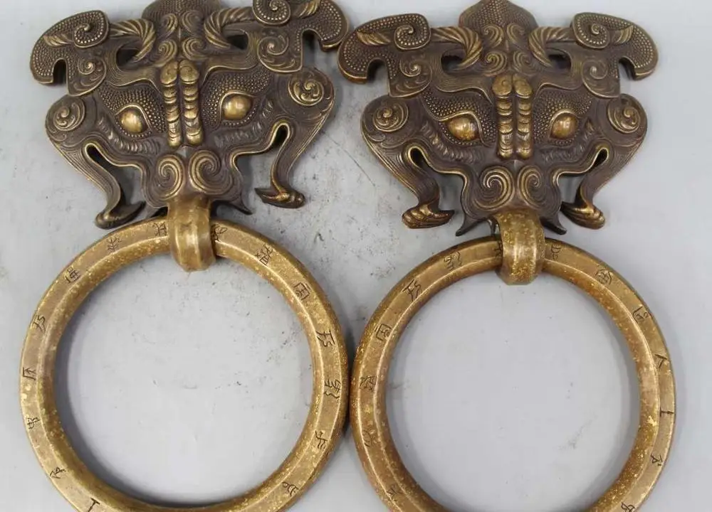 

13" Chinese China Dynasty Palace Copper Fu Lion Foo Dog Head Statue Door Knocker