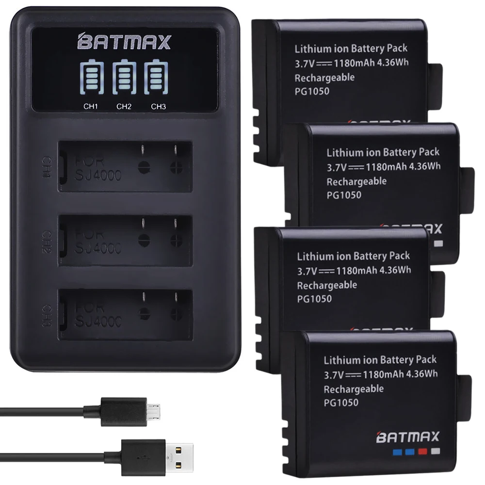 

Batmax 4pcs PG1050 Camera Battery +LED 3slots USB Charger for SJCAM SJ4000 WiFi SJ5000 WiFi Plus M10 SJ5000 plus SJ6000