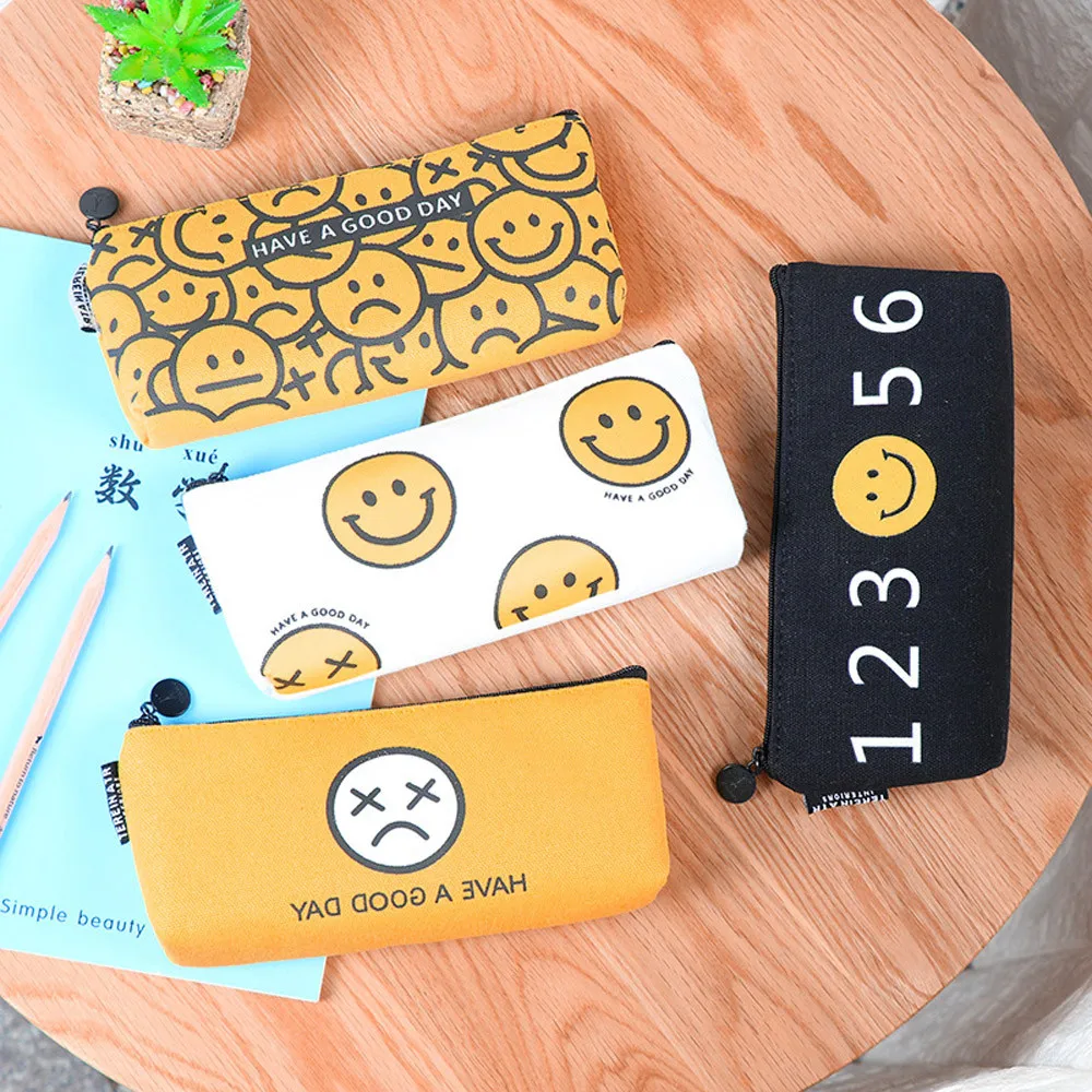 Smiley Face Kids Gift School Pencil Pen Case Cosmetic Makeup Storage Bag Purse pencil pen holders for students new A30