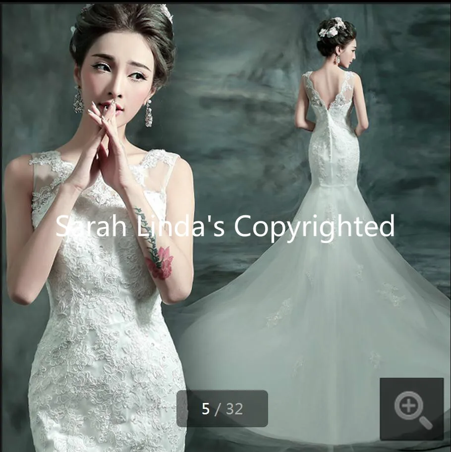 2016 элегантный белый аппликации русалка свадебные платья без рукавов блестки новое поступление женщин платье свадебные платья