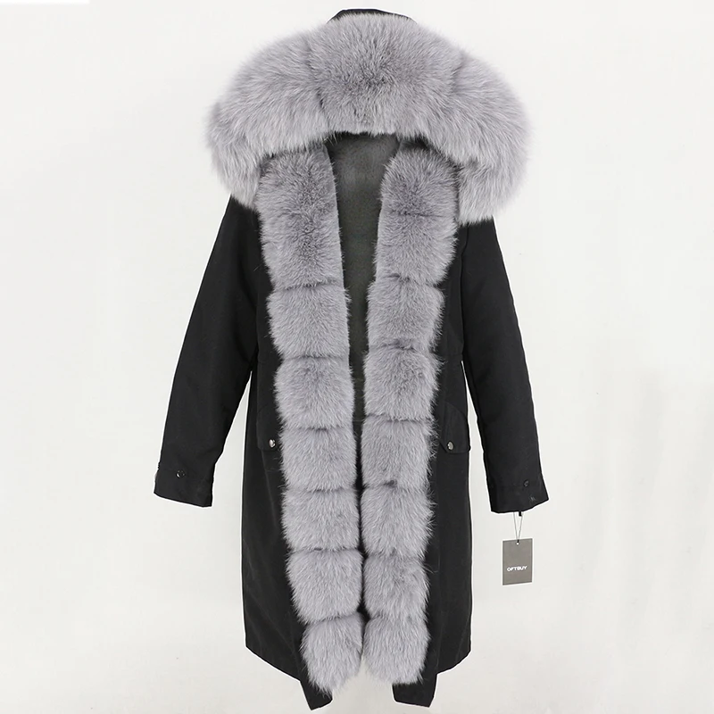 black grey OFTBUY, водонепроницаемое пальто с натуральным мехом, удлиненная парка, зимняя куртка для женщин, Воротник из натурального Лисьего меха, капюшон, Толстая теплая верхняя одежда, съемная, Новинка - Цвет: black grey