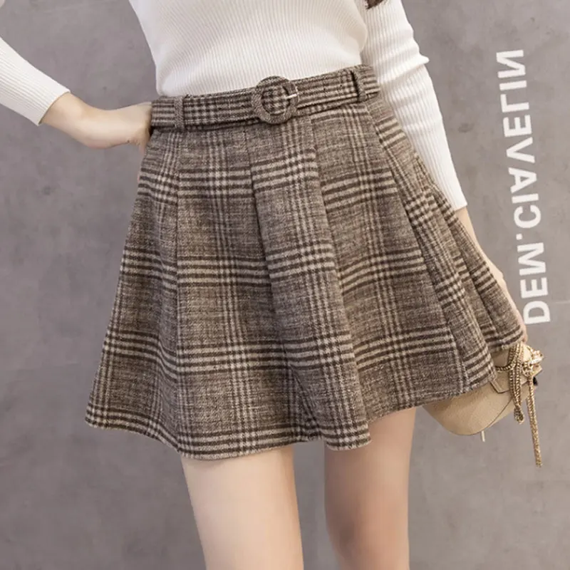Корейская версия женская клетчатая Офисная Женская юбка новая осенне-зимние пояса Империя выше колена Мини трапециевидная Женская плиссированная юбка