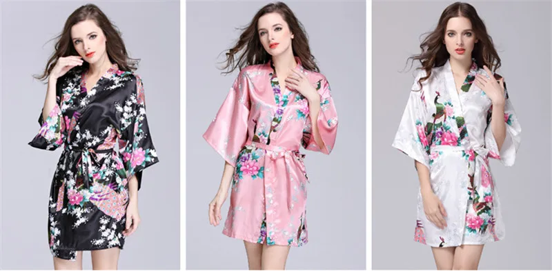 Пижамы Для женщин шелковый халат Шелковый Лето выпад Половина рукава до колена Длина сна Одежда Цветочный Павлин пижамы с принтом большой
