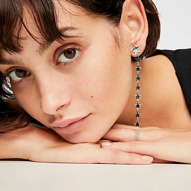 

New Trendy Elegant Long Earrings For Women Long Chain Bling Pentagram Star Sequins Tassel Drop Dangle Earrings Fashion Jewelry