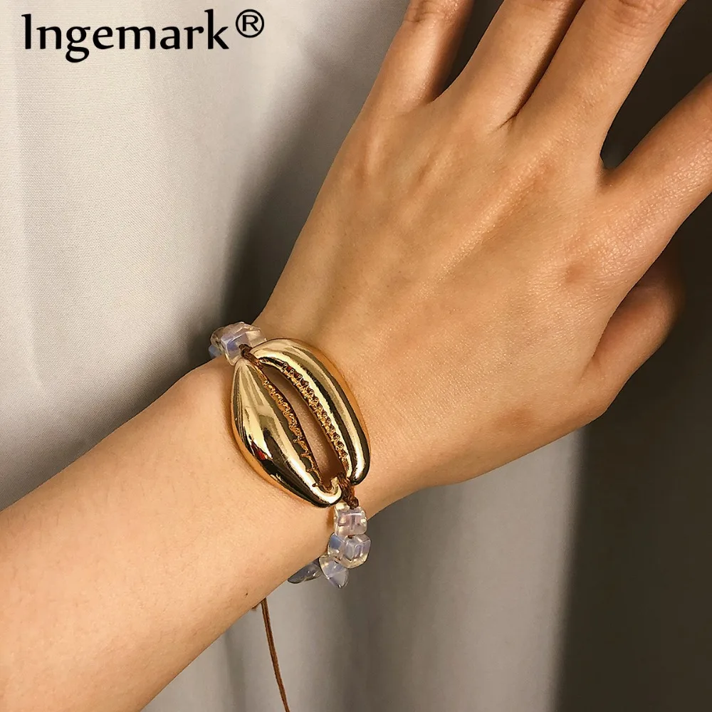 

Ingemark Bohemia Conch Shell Pendant Bracelet Bangle Summer Charm Natural Stone Cowrie Seashell Rope Chain Bracelet Boho Gifts