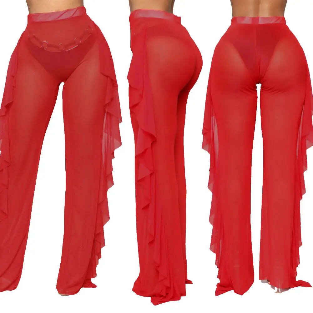 New Sexy Ruffle Women Beach Mesh Pants Sheer Wide Leg Pants Transparent See through Sea Holiday Cover Up Bikini Trouser black leggings Leggings