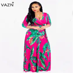 VAZN 2018 новые модные печати v-образным вырезом длинное платье Дамы Половина рукава длинное платье женские пикантные повседневные открытые