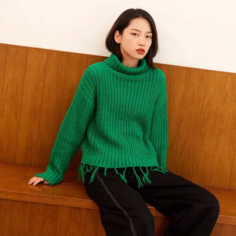 Samstree зеленый Однотонный свитер с высоким воротом и кисточками в минималистическом стиле, Женский вязаный пуловер, осень зима, Чистый свободный женский топ - Цвет: Green