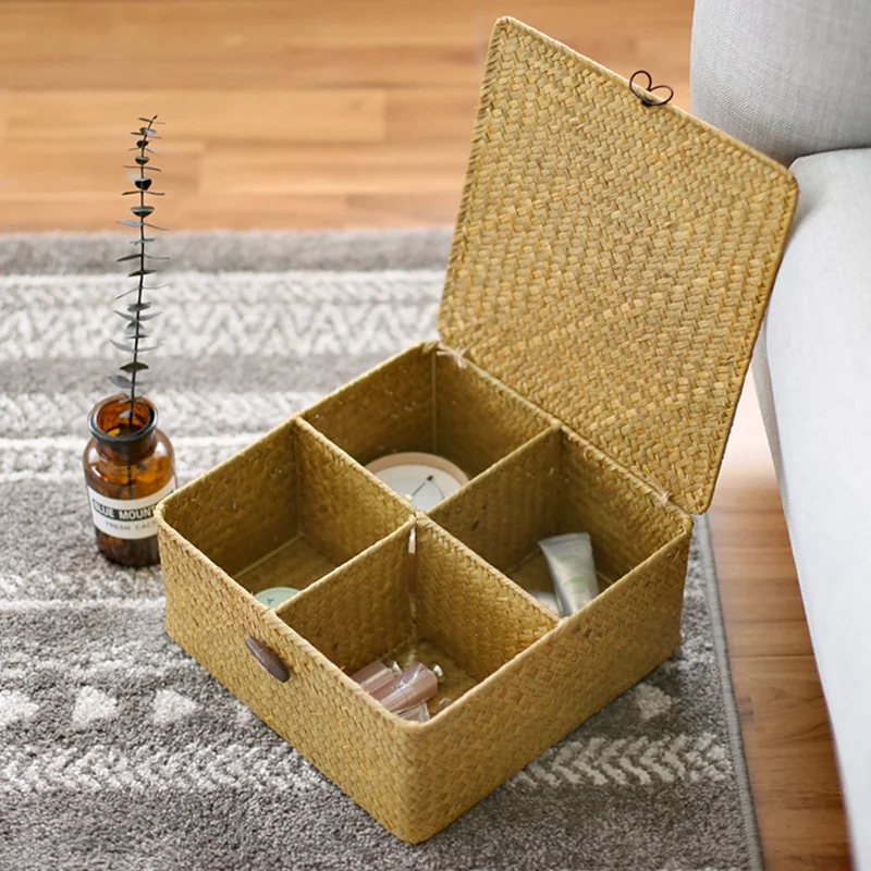 

4 Lattice Rattan Weaving Makeup Storage Box Eco-friendly Desk Office Sundries Clothes Toy Decorations Organizer Jewelry Case