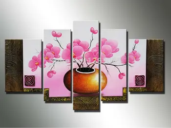 

Hand Painted Abstract Pink Orchid Vase Flower Vintage Painting 5 Piece Wall Art Set Modern Oil Canvas Picture Home Decor