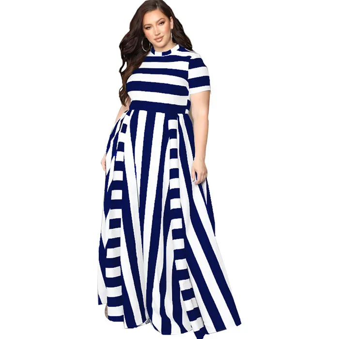 Очень летний больших размеров платье для женщин с коротким рукавом в полоску длинные платья Элегантный женский, с круглым вырезом молочное платье макси из шелка Vestidos2821 - Цвет: Dark blue