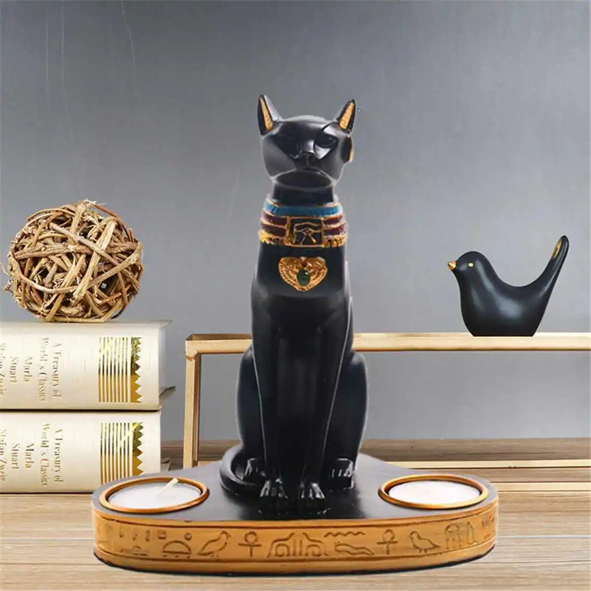 

Ancient Egypt Bastet Cat Goddess Statue With 2 Tea Light Candle Holders Burner Resin Retro Candle Holder Art Collection