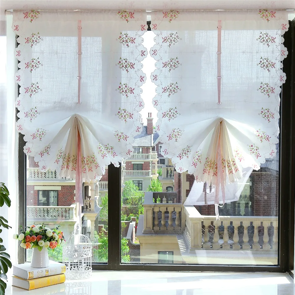 

French Style Cotton Pink Bow Bouquet Embroidered Sector Finished Roman Curtain Home Decorative Partition Curtain