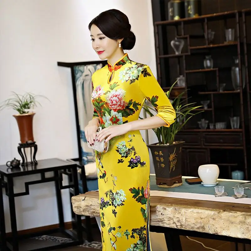 Новое поступление женские Cheongsam моды китайский Стиль велюр платье элегантный тонкий летний Qipao Костюмы Размеры размеры s m l xl XXL, XXXL 617860