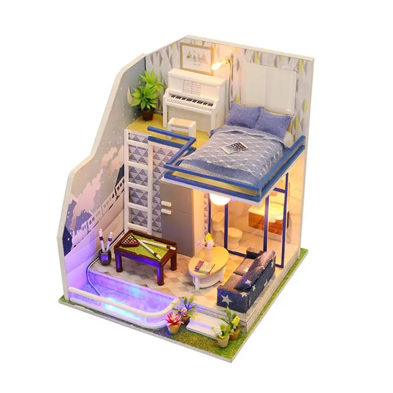 Günstig Neue puppe haus miniatur diy holz puppenhaus möbel loft mit bad schlafzimmer licht Weihnachten geburtstag präsentieren brinquedos