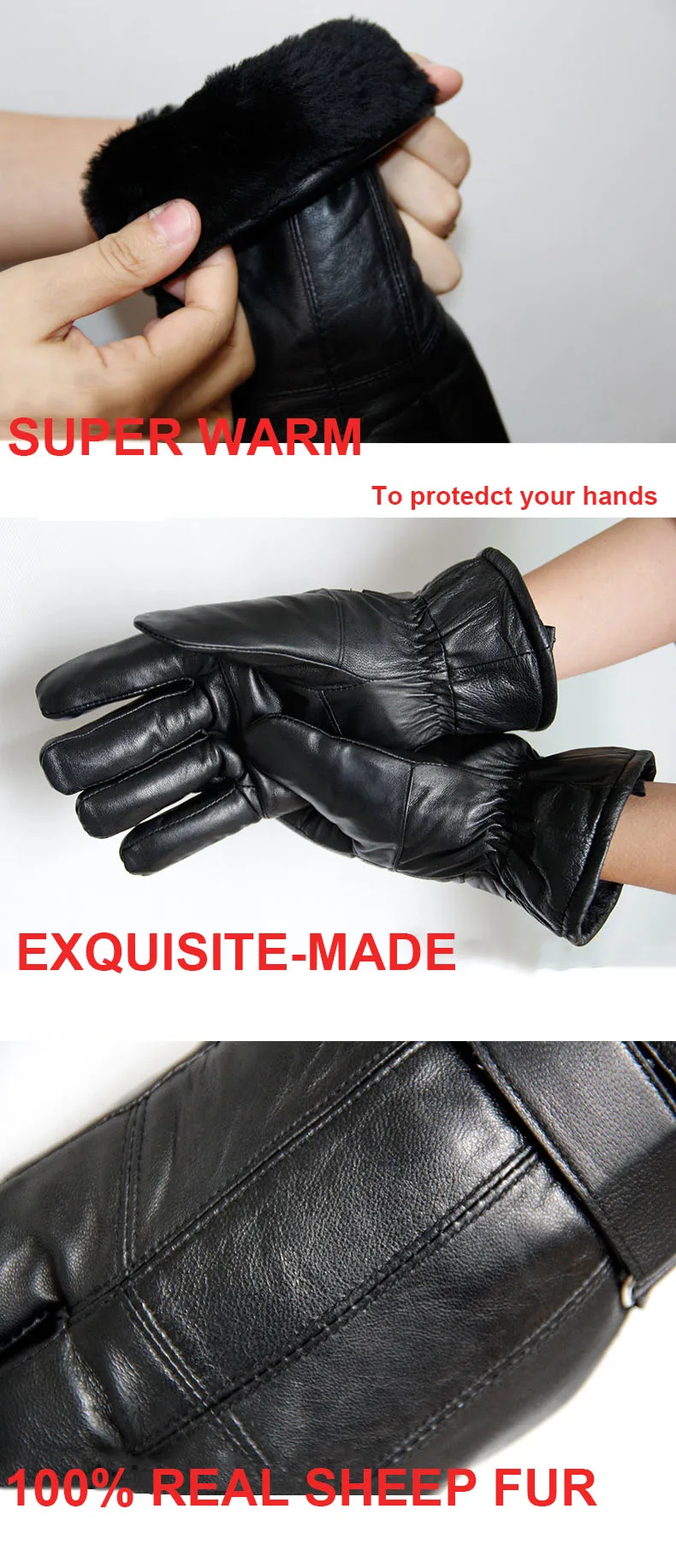 New Winter Warm Men Gloves Motorcycle Male Real Leather Sheep Fur Gloves Outdoor Ski Sports Gloves Thick Cycling Mittens