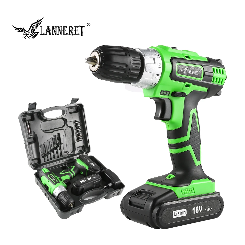 

LANNERET 18V DC Lithium-ion Battery 3/8 inch 2-Speed Electric Cordless Drill Mini Screwdriver Household Rechargeable Tools