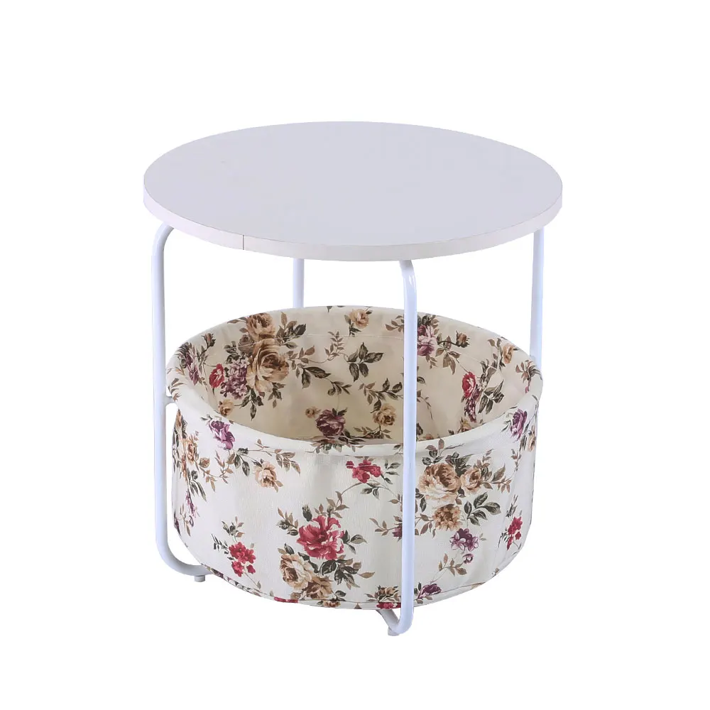 Round Wooden Side Table 2 Tiers With a Book Storage Canvas Basket Bag Round Wooden Side Table 2 Tiers With a Book Storage Canvas Basket Bag