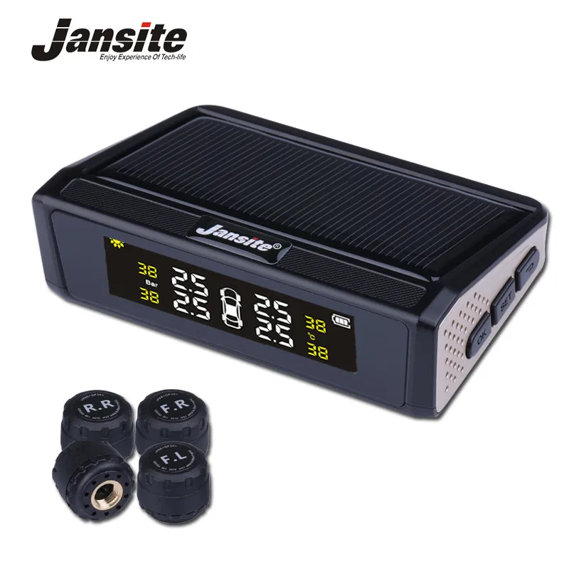 

Jansite Car Solar Power TPMS Car Tire Pressure Monitor System Black Wireless 4 External or Internal Sensors Color digital screen
