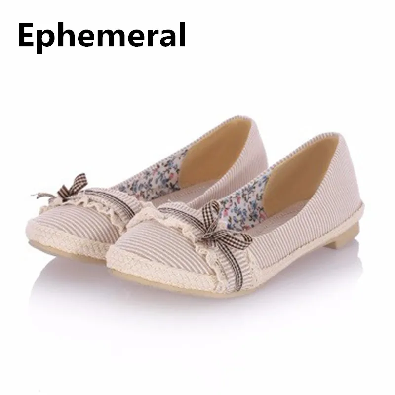 Ladies Lace Bow Knot Larger Size 34 45 Sweet Demin Cloth Flat Loafers Shoes Round Toe Women