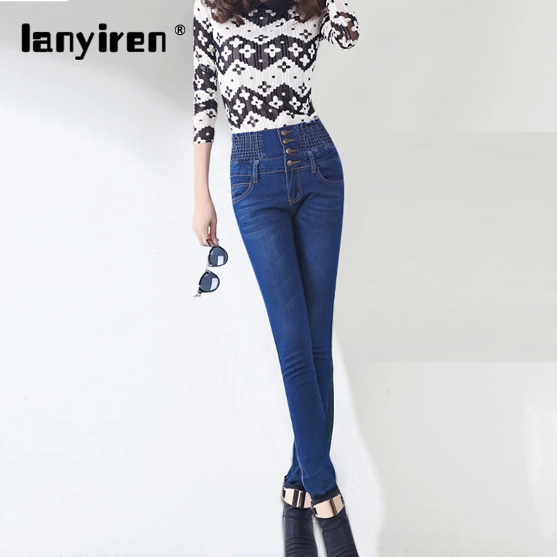 

2017 Fashion Four Buttons High Waist Jeans Pants Women Plus Size Long Jeans Woman Pencil Casual Blue Denim Stretch Skinny 6XL