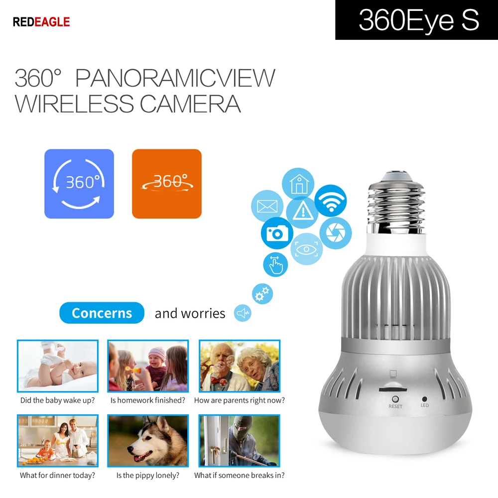 

REDEAGLE 960P HD FishEye Bulb Light Wireless IP Camera Home Security Baby Room 360 degree Panoramic Lamp Light Two-way Audio
