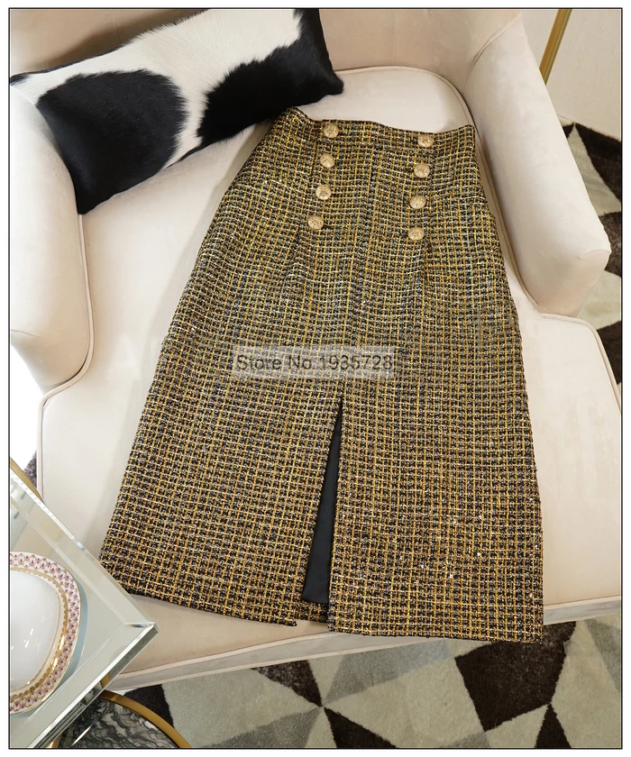 Ограниченная распродажа года; женская золотистая твидовая юбка из твида с разрезом спереди и спереди; модная юбка