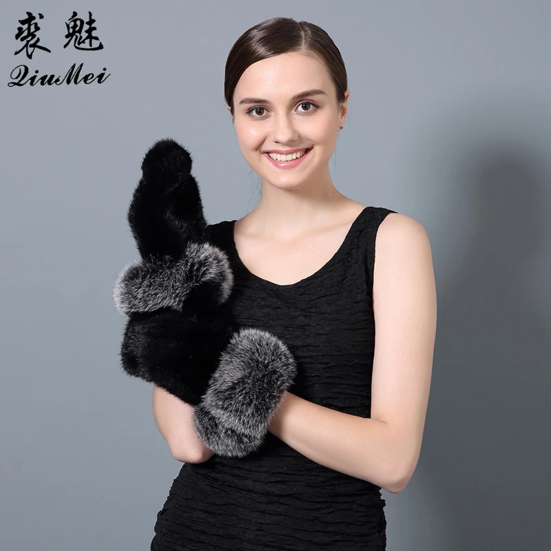QiuMei Новые зимние перчатки Для женщин реального норки чёрный; коричневый роскошный русский эластичные перчатки из натуральной норки перчатки и варежки