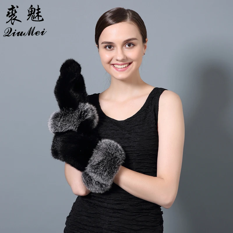 

QiuMei Newest 2018 Winter Glove Women Real Mink Fur Black Brown Luxury Russian Elastic Glove Genuine Mink Fur Gloves & Mittens